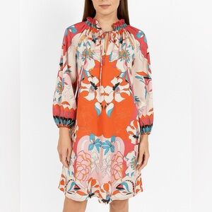 Ciebon Floral Long Sleeve Ruffle Drawstring Neck Mini Dress Pockets Small